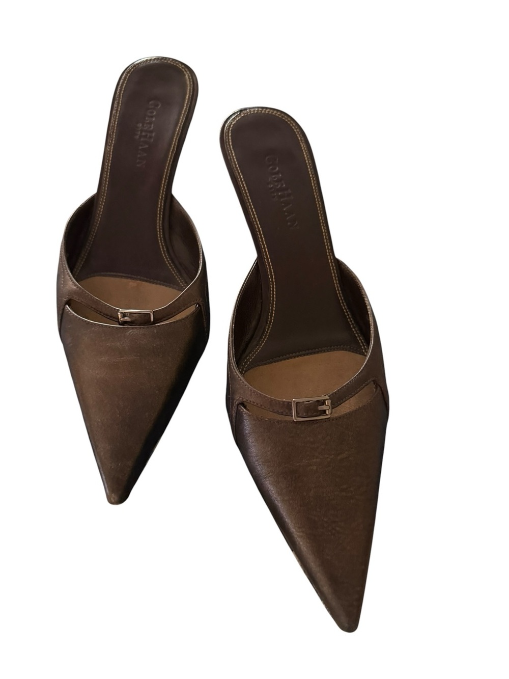 Ann Taylor Dark Brown Pointed-Toe Mule Slides with Buckle Detail